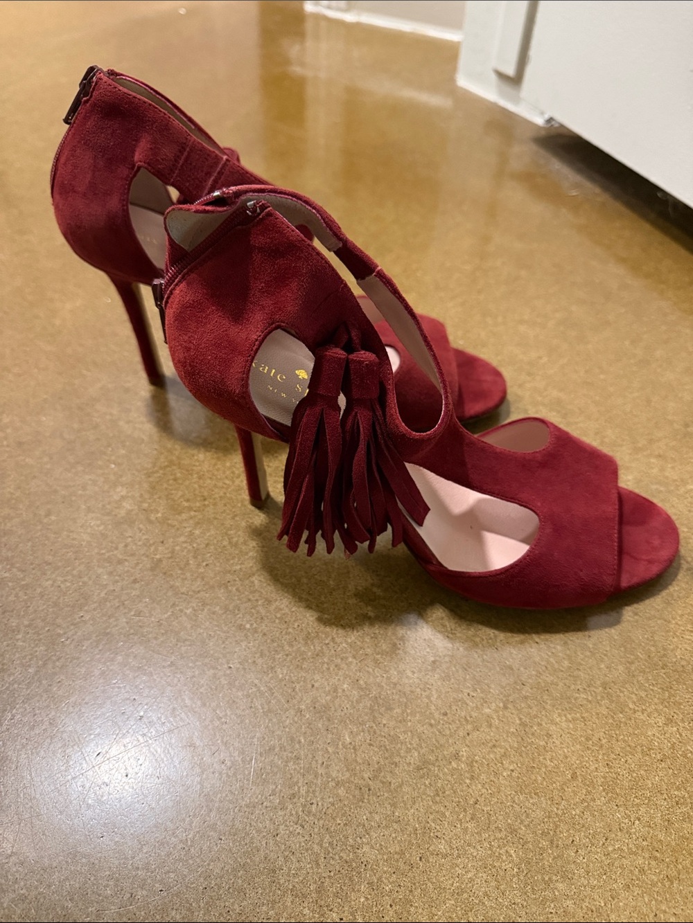 kate spade Burgundy Suede Tassel Stiletto Sandals